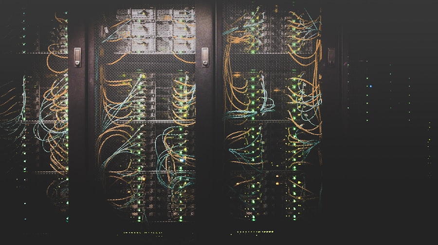 Server racks with network cabling in a datacenter