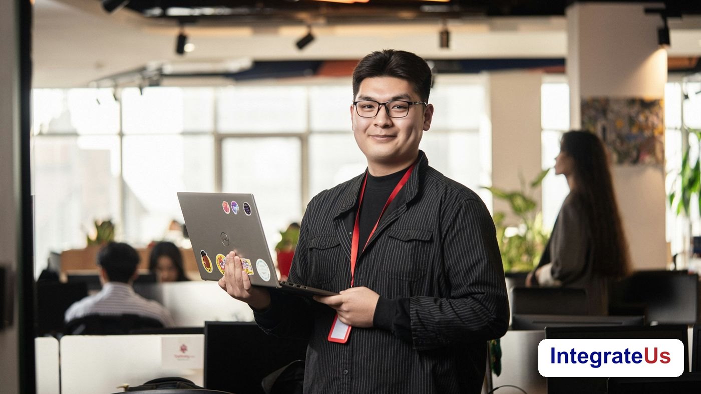 A young IT professional smiles while holding his laptop in a busy open-plan tech office